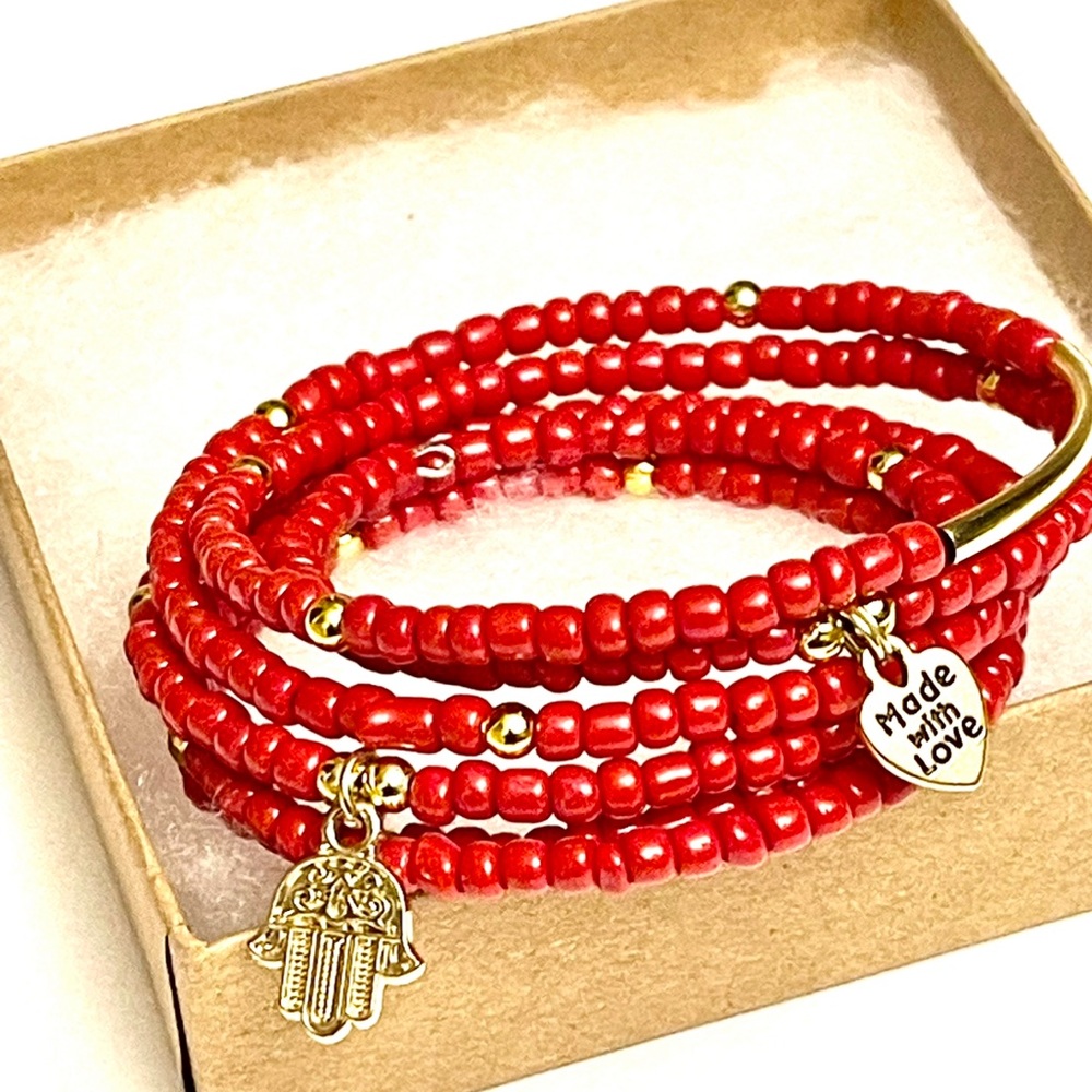 protecion Gold Hamsa 🪬 Red Beaded Bracelet with Charms